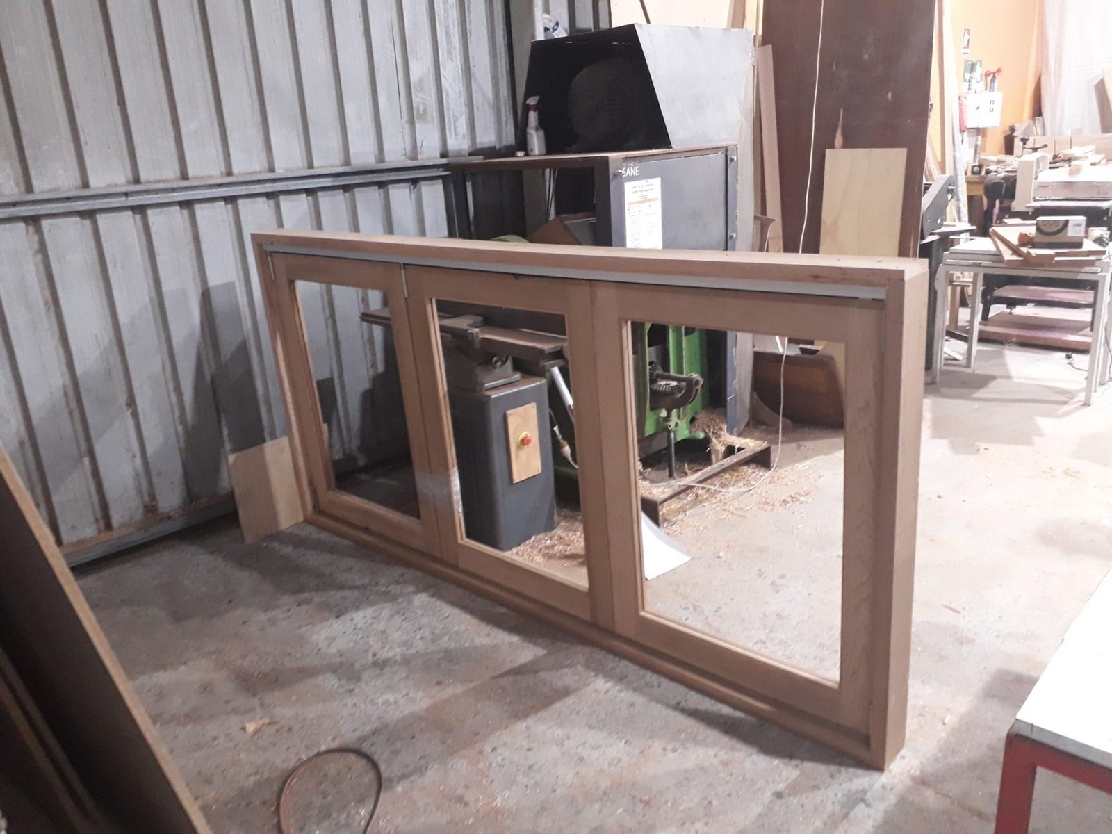 Western Red Cedar three-panel bifold window bank, unfinished, workshop
