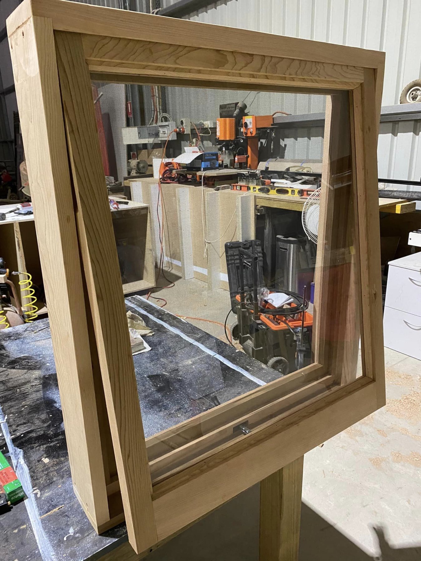 Western Red Cedar awning window frame, unfinished, in the workshop